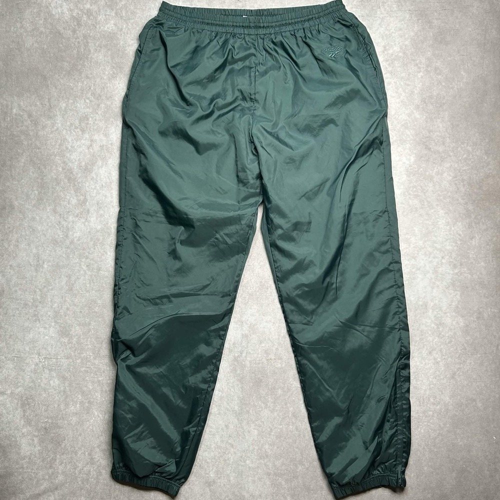 Vintage 90s Reebok Track Pants Men XL Green Nylon Lined Elastic Waist Zip Cuff